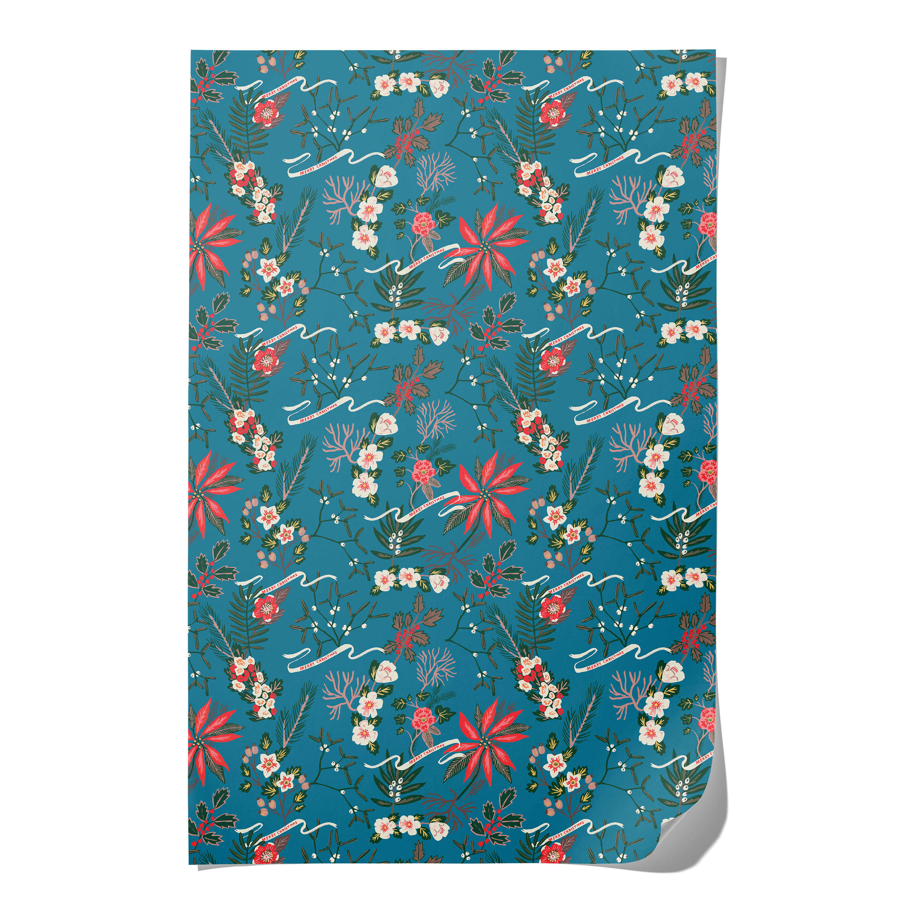 Blue Poinsettia wrapping paper Single