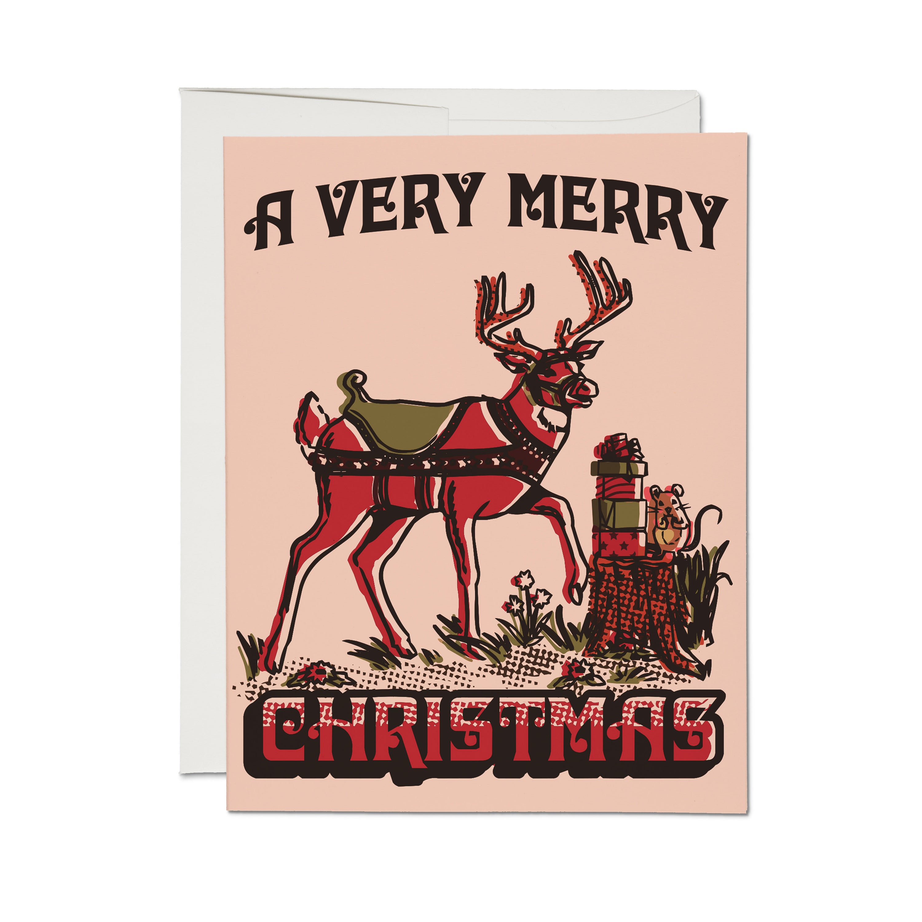 Christmas card with illustrated reindeer and mouse on tree stump with presents and 'A Very Merry Christmas' text.