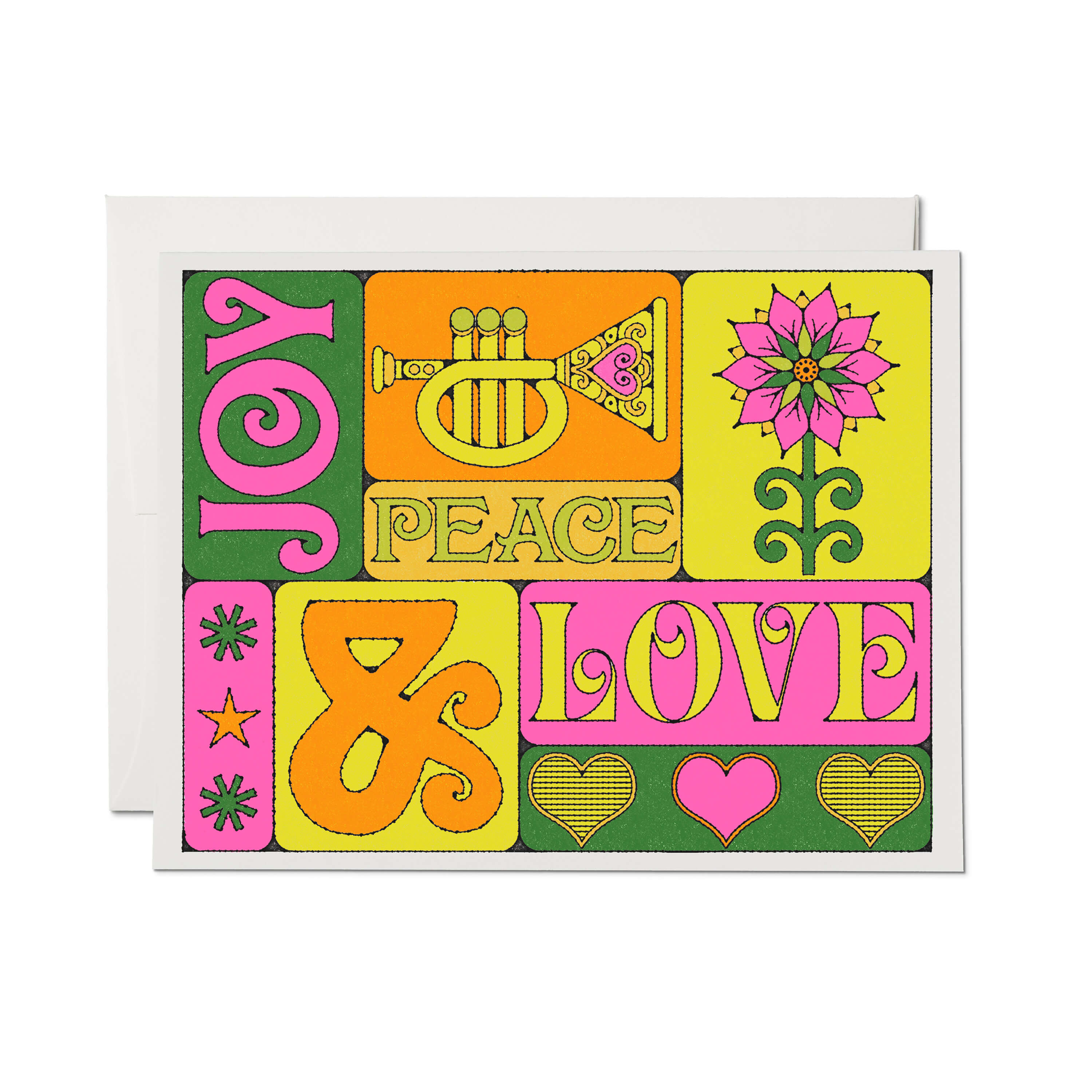 Peace, Love, Joy greeting card Single